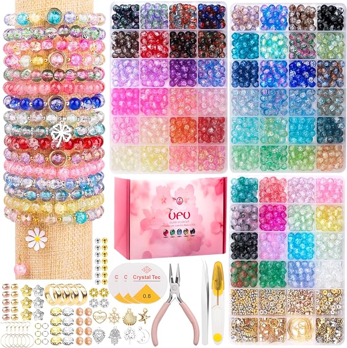 ufu 8mm glass beads bracelet making kit, 1540+ pcs 64 colors crackle glass beads for jewelry making, round crystal beads for bracelets necklace earrings diy crafts gifts