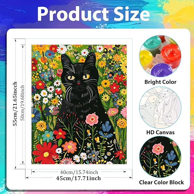 xcemhil Paint by Number Kit for Adults, Cat Paint by Numbers, Cat with Flower Paint by Numbers Kit for Adults Beginner for Gift Home Wall Decor 16x20 inch