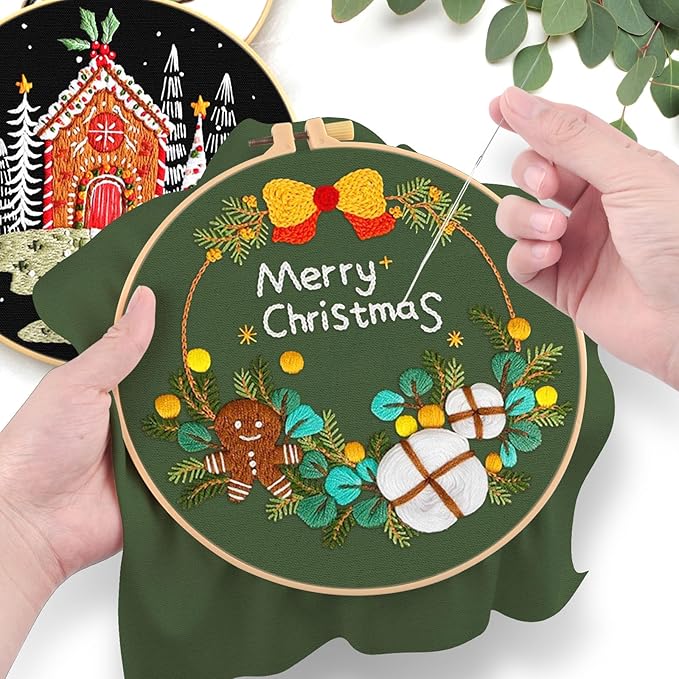ERKOON 4 Sets Embroidery Kit for Beginners, Christmas Cross Stitch Set with Easy Pattern Embroidery Cloth Hoops Threads for Craft Lover Hand Stitch