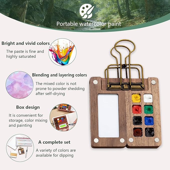 EVOCKAY Portable Watercolor Travel Set - Mini Artist Paint Palette with Clip, 12 Vibrant Colors in 8 Grids, Perfect for Artists, Painters & Students - Wooden Travel Kit