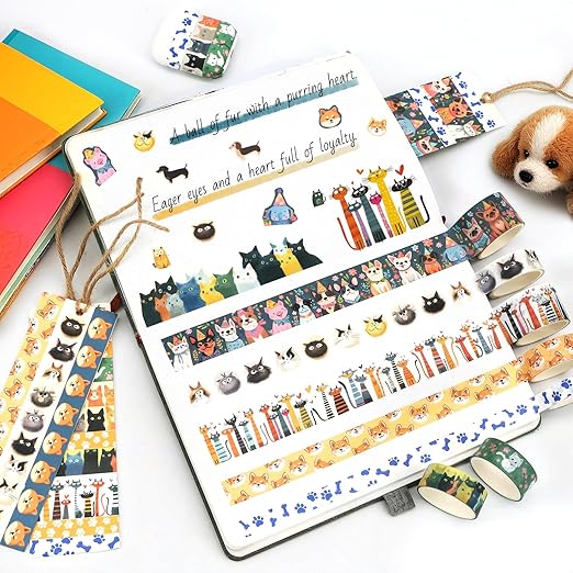 Washi Tape Set 14 Rolls, Cute Animal Decorative Tape, Cats Puppies Pugs Designs Washi Tapes for Scrapbooking Supplies, Journaling Supplies, Crafts