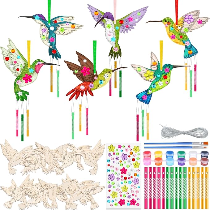 JellyArch 30 Pack Spring Hummingbird Wind Chime Craft Kit for Adults Groups, Summer DIY Wooden Art Make Your Own Hummingbird Painting Ornaments for Birthday Activities Decoration