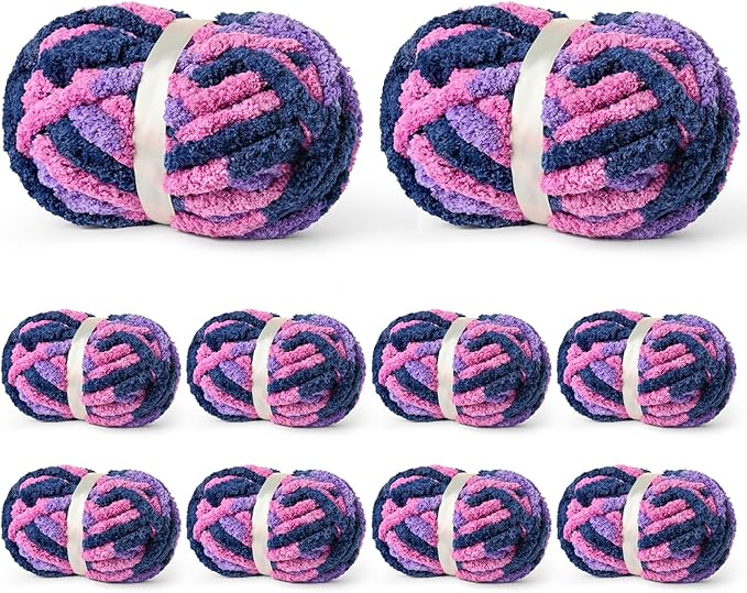 10 Pack Jumbo Chunky Yarn for Hand Knitting, Fluffy Variegated Chunky Chenille Yarn for Crocheting, 240yds/70.5oz Super Bulky Soft Crochet Baby Blanket Yarn(Vibrant Purple)