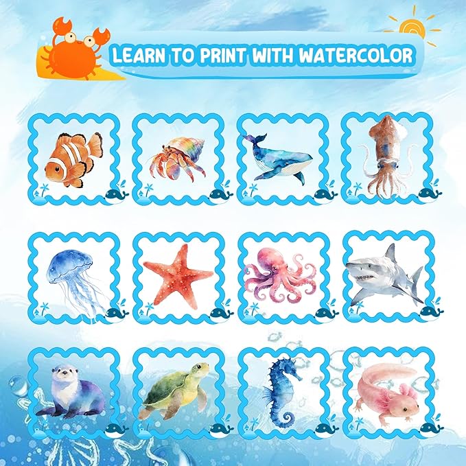 Ocean Watercolor Workbook for Beginners with 24 Colors Paint Set – Water Coloring Book with 12 Ocean Designs, Step-by-Step Painting Guide, Relaxing Watercolor Workbook Art Kit for Adults Teens