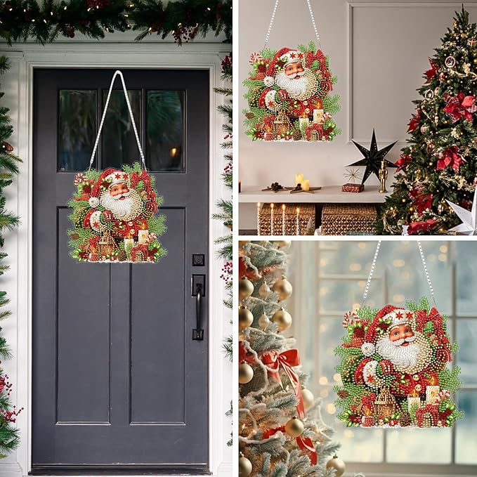 MEIYUDA Christmas Diamond Painting Hanging Kits, DIY Santa Claus Diamond Art Window Hanging Ornament for Adults, 5D Special Shape Rhinestone Pendant for Home Garden Wall Decor Gift