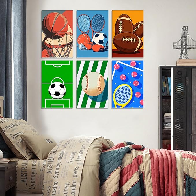 Aihonmin Balls 6 Pack Paint by Numbers for Adults Beginner Basketball and Soccer Oil Painting Kits on Canvas with Brushes and Acrylic Painting Crafts DIY Home Wall Decor 8x11.8 Inch (Frameless)