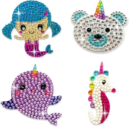 stickerbeans® rhinestone stickers – whimsical 4-pack, 2” x 2” unique sparkly cut-to-shape for collecting, trading, decorating laptops, phone cases, scrapbooks, kids, teens, & adults