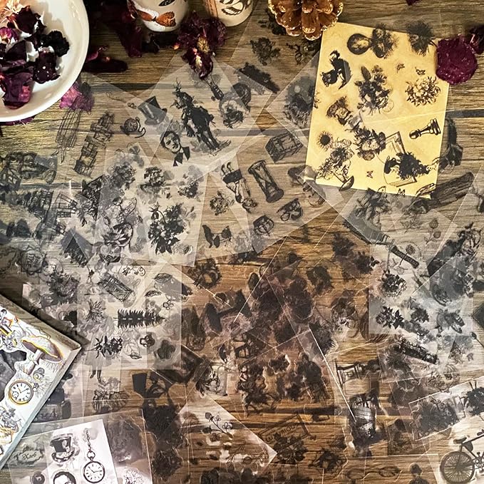 560pcs Black Vintage PET Stickers, Junk Journal Supplies for Adults Transparent Waterproof Scrapbook Stickers, Ephemera for Scrapbooking, Journaling, DIY Art Crafts, Laptop, Water Bottles, Card Making
