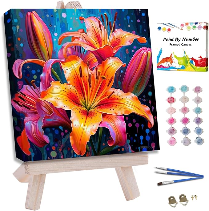 JUJUHOOD Lily Flower Paint by Numbers Kit for Adults Beginner & Kids Ages 8-12,Flower Paint by Number Without Easel, Acylic Paint by Numbers for Gift Home Wall Decor (10x10Inch)