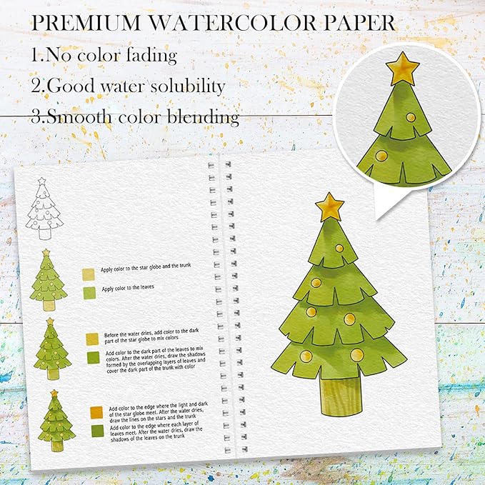 Watercolor Workbook, Watercolor Workbook Paint Book Beginner Friendly, 12 Different Patterns Stress-Relieving Art Crafts for Creative Exploration Gift for Women Adults Teens (Christmas, 1)