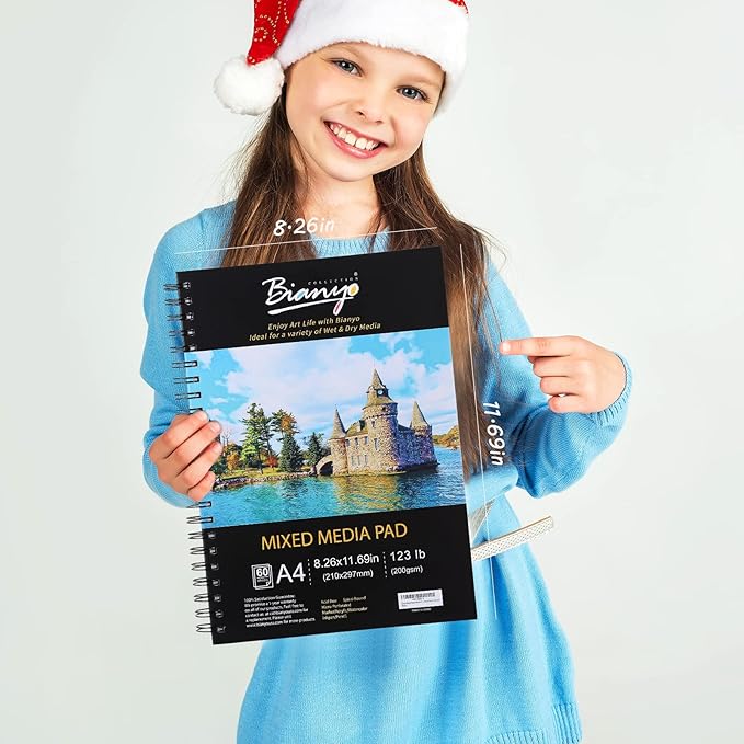 bianyo mixed media paper pad, a4 (8.26" x 11.69"), 60 sheets/each, 123 lb/200 gsm, pack of 1 pad, spiral-bound pad, ideal for wet & dry media like art marker, watercolor, acrylic, pastel, pencil