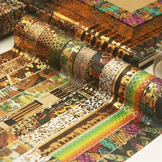 YUBX Wild Animals Washi Tape Set 12 Rolls Gold Foil Print Decorative Masking Tapes for Arts, DIY Crafts, Journals, Planners, Scrapbook, Wrapping (African Migration)