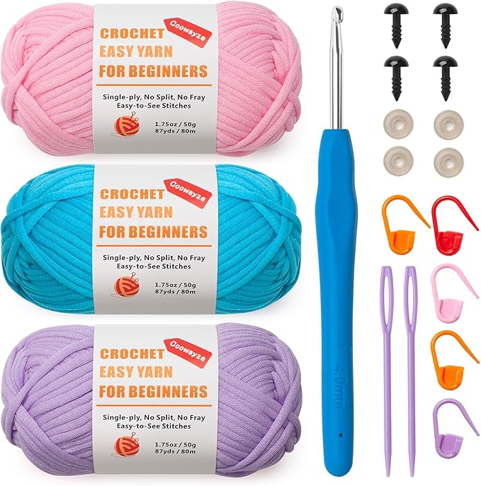 Crochet Yarn for Beginners, Cotton Yarn for Crocheting & Knitting, 3 Pack×1.8 oz Amigurumi Yarn with Easy-to-See Stitches-Thick and Soft, Worsted Medium # 4, Cotton-Nylon Blend