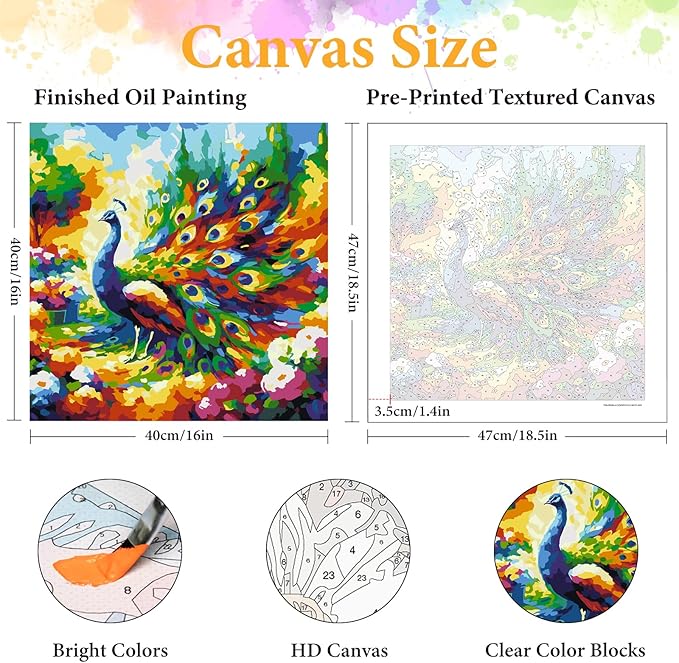 Okarina Paint by Numbers Kit for Adults Beginner Peacock, Adult Paint by Number Kits on Canvas, Peacock Animal DIY Acrylic Oil Painting by Numbers for Adults, Perfect for Home Wall Decor 16X16 Inch