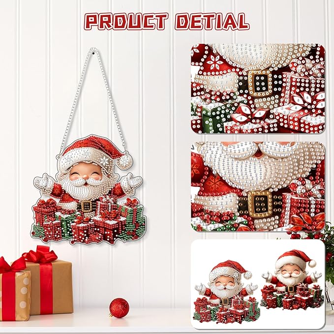 KEYIFA Christmas Diamond Painting Kit, DIY Santa Claus Diamond Art for Adults, Diamonds Painting Pendant Special Shaped Rhinestone Window Hanging Ornaments Home Garden Wall Door Decoration, 20cm Width