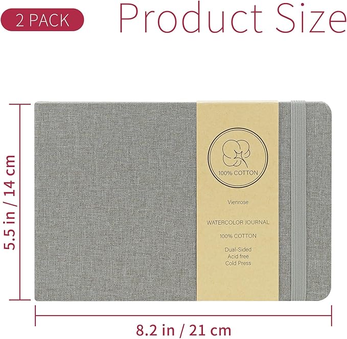 Vienrose 2 Pack Watercolor Sketchbook, 5.5"x8.2" Watercolor Journal with 24 Sheets 140 LB (300 GSM) Cotton Watercolor Paper, Grey Linen Cover Water Coloring Sketch Book
