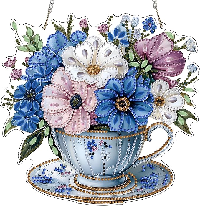 MXJSUA Bouquet Blue Flowers Special Shaped Hanging Diamond Painting Art Kits for Adults, Crystal Rhinestone Acrylic Gem Art Pendant Ornaments Kit for Home Decor and Gift 7.87 * 7.87 Inch