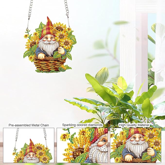AiYuanzsh Gnome Diamond Art Kits for Adults – Sunflower Gnome Diamond Painting Hanging Ornament, 5D DIY Diamond Art Kit for Home Décor, Window, Gift & Suncatcher