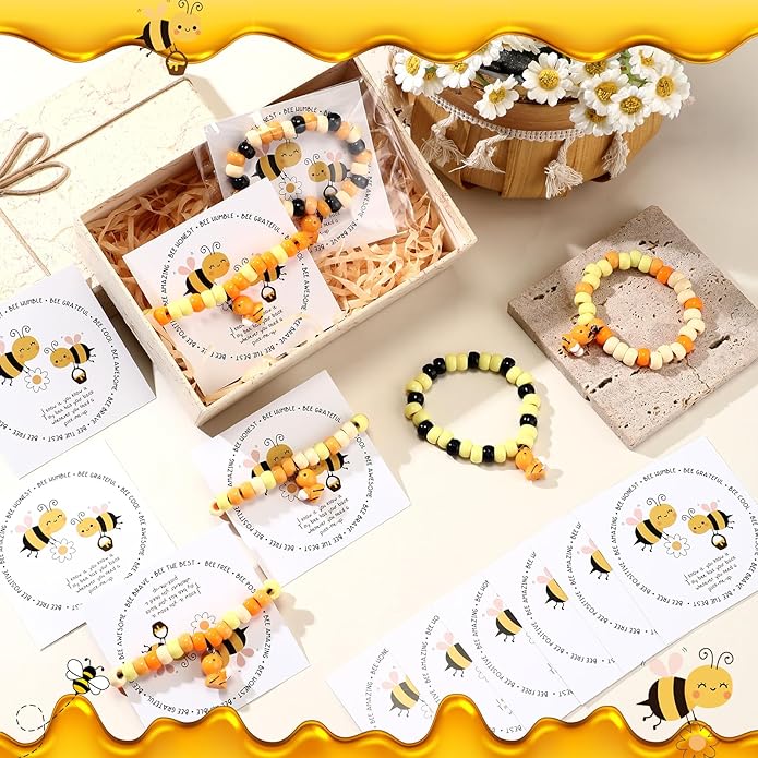 Highergo 50 Set Motivational Bee Themed Gifts Bee Bracelet Beads DIY Craft Kit with Inspirational Cards and Bags for Teacher Bee Party Favors