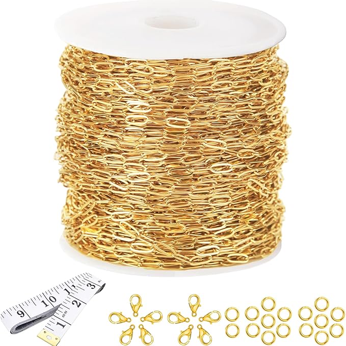 16Ft Stainless Steel Paperclip Chain for Jewelry Making, 2.5mm Width Gold Plated Paper Clip Link Chains Roll for DIY Necklace Bracelet Jewelry Making Supplies with Lobster Clasps Soft Tape Measure