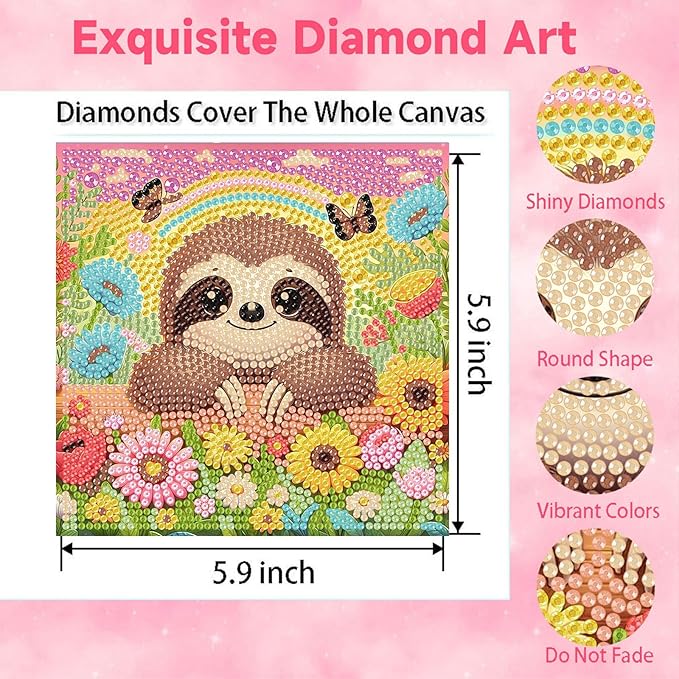 Sloth Diamond Art Painting Kits for Kids with Frame, Animal Diamond Art for Kids Ages 4-8-12 with Frame, Easy Small Cute Gem Painting Kit for Gift Home Wall Decoration (7x7 inch)