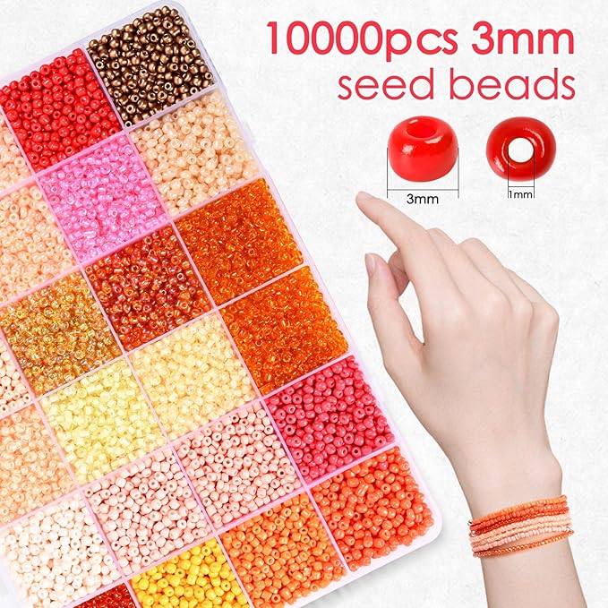 Vtssvow 3mm Glass Seed Beads for Bracelets Making, 24 Colors 10000pcs Friendship Bracelet Making Kit, Small Glass Beads for Jewelry Making (Mix 24 Color, Orange)