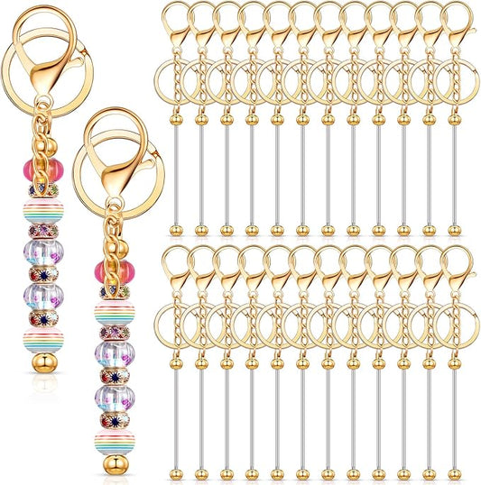 Tondiamo 24 Pcs Beadable Keychain Bars Bulk Beads for Keychain Making Kit Gifts for Women Men DIY Crafts(Gold)