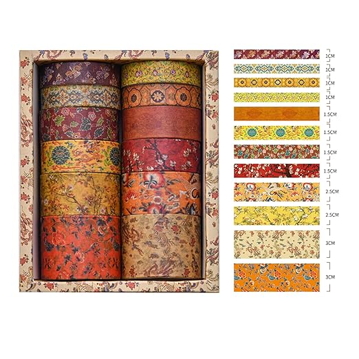 12 Rolls Chinoiserie Washi Tape Set Chinese Arts Adhesive Tapes Geometric Garden Decorative Masking Tape Sets for Craft, Kids, Scrapbook, DIY, Gift Wrapping (Ode to The River)
