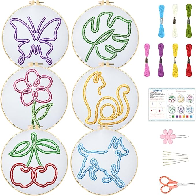 BEUNITONE Abstract Animal Embroidery Kit, 6PC Modern Line Art Needlepoint Kits with Hoops, Instructions, Threads, DIY Craft for Adults Beginners, Home Decor, Hand Embroidery Patterns for Gifts