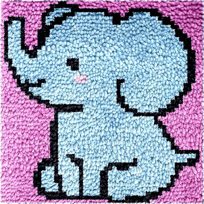 Latch Hook Rug Kits for Kids Beginner Blue Elephant Needle Crochet Yarn Kits Embroidery Carpet Hook and Latch Kit Mini Tapestry Christmas Home Decoration 30x30cm