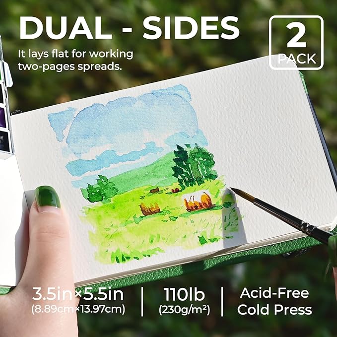 Funto Watercolor Journal, 3.5x5.5, 2 Pack, 24 Sheets Each, Christmas Green Cloth Cover, 110lb/230gsm, Suitable for Techniques and Mixed Media