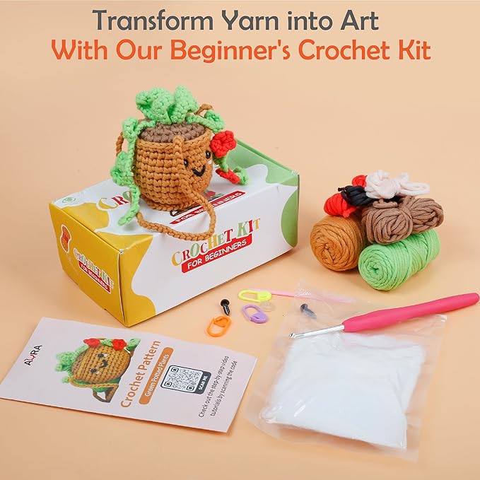 A-URA Learn to Crochet Kit for Beginners Kids and Adults, Premium Pattern Hanging Pot Plant Beginner Crochet Kits with Easy Tube Yarn & Step-by-Step Video Tutorials