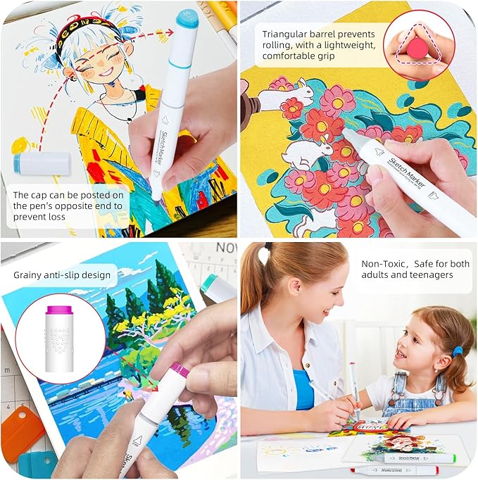 80 color liquor base mark, double pointed (chisel and fine) permanent painting mark, suitable for adult coloring books, sketches, illustrations, with transparent box