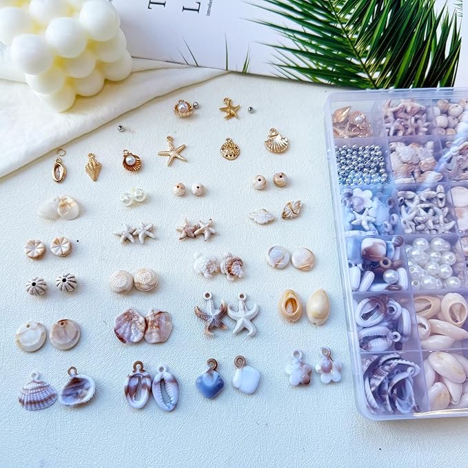 610Pcs Ocean Beads for Bracelets Making Kit, Shell Beads for Jewelry Making, Imitation Boho Shell Turtle Starfish Shape Sea Beach Bead Charms for Summer Sea Dangle Pendant Earring DIY Craft Necklace