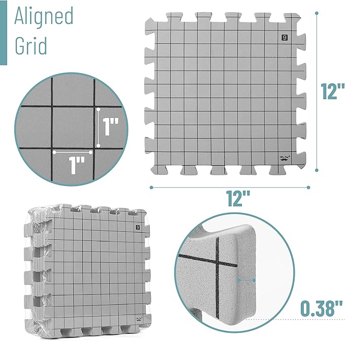 Mr. Pen- Blocking Mats for Knitting & Crochet Projects, 12" x 12", 9 Pack with 150 pcs T-Pins, Gray Aligned Grid Knitting Blocking Mats and Pins, Water & Heat Resistant