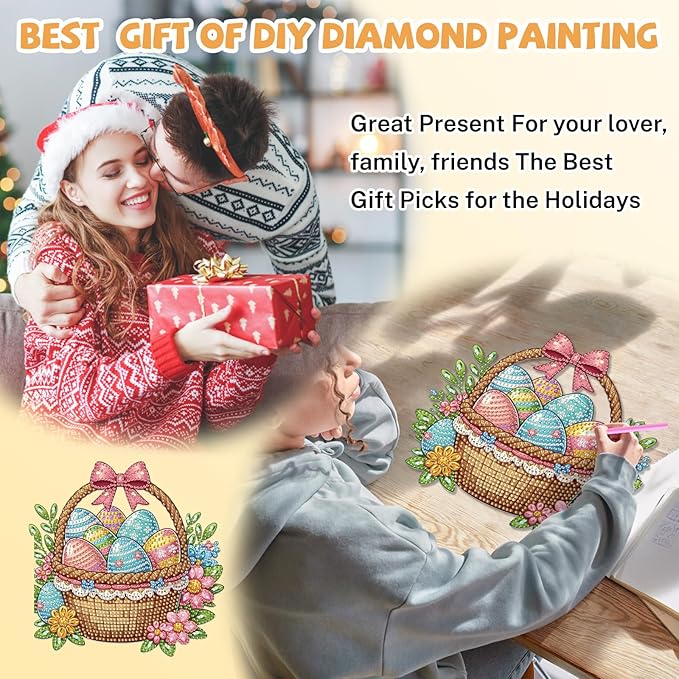 Bowetile Easter Diamond Art Hanging Kits for Adults, Diamond Art Suncatchers Easter Eggs Basket, 5D Special Shape Diamond Painting Pendant Window Ornament Gifts for Home Wall Door Decor