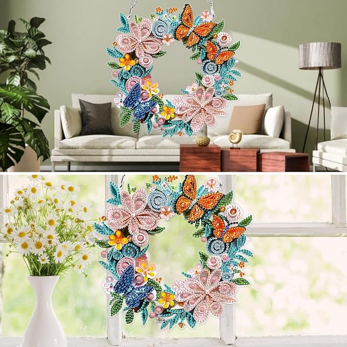 MXJSUA Special Shaped Hanging Diamond Painting Art Kits for Adults, Flower Butterfly Wreath 3D Crystal Rhinestone Acrylic Gem Art Pendant Ornaments Kit for Home Decoration and Gift