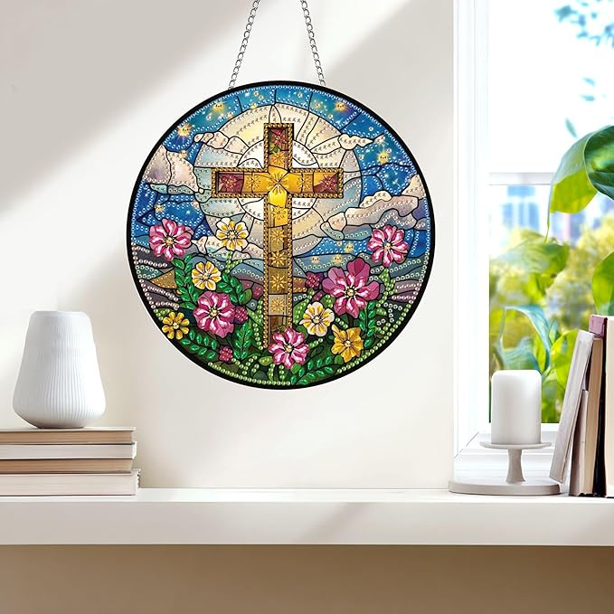 Wergund 5D DIY Cross Religion Diamond Art Hanging Kits, Hanging Diamond Art Flower, Acrylic Special Shaped Rhinestone, Window Hanging Pendants for Home Wall Garden Front Door Outdoor Decor Gift