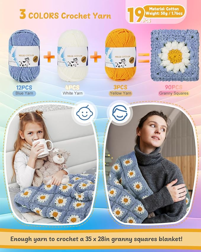 Coopay Crochet Kit Beginners for Blanket, Granny Squares Crochet Blanket Kit w Instructions & Enough Yarn, Complete Crocheting Starter Set - Easy to Learn for Adults (Blue-Purple)
