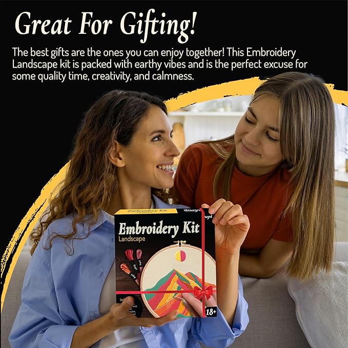 Unwynd Embroidery Kit Landscape Theme for Beginners, Satin Stitch Hand Embroidery Kit for Adults, Easy DIY Craft, Easter Gifts with Mountain Sun Pattern.