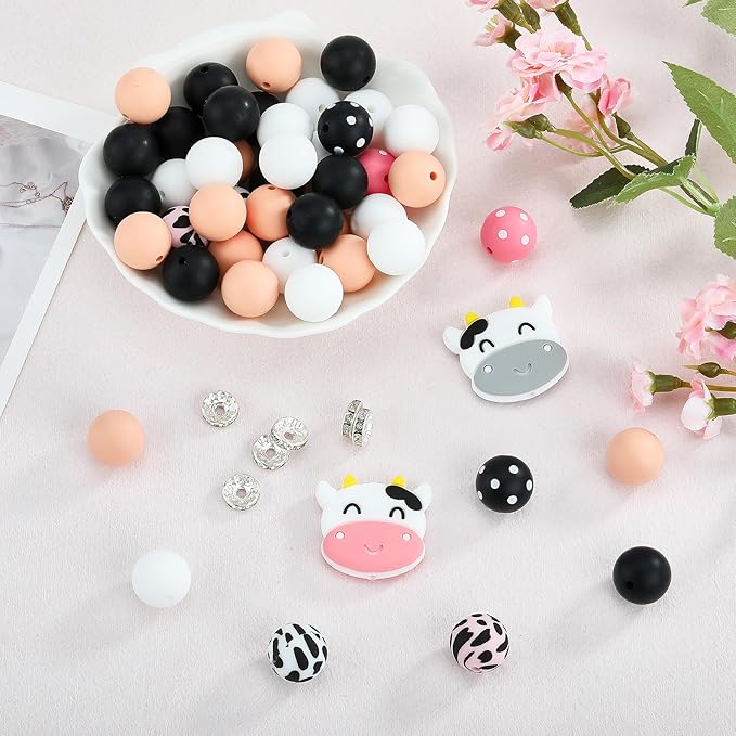44 Pcs 15mm Silicone Round Animal Focal Beads for Pens, Keychains, Bracelets & Other Crafts (Dairy Cow)