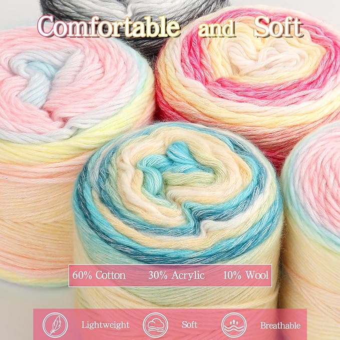 Katech Ombré Yarn for Crocheting-Gradient Cake Yarn-4x100g 60% Cotton 30% Acrylic 11% Wool-Multicolor Soft Rainbow Cotton Crochet Yarn for Scarves, Shawls, Blankets and Garments(Q)