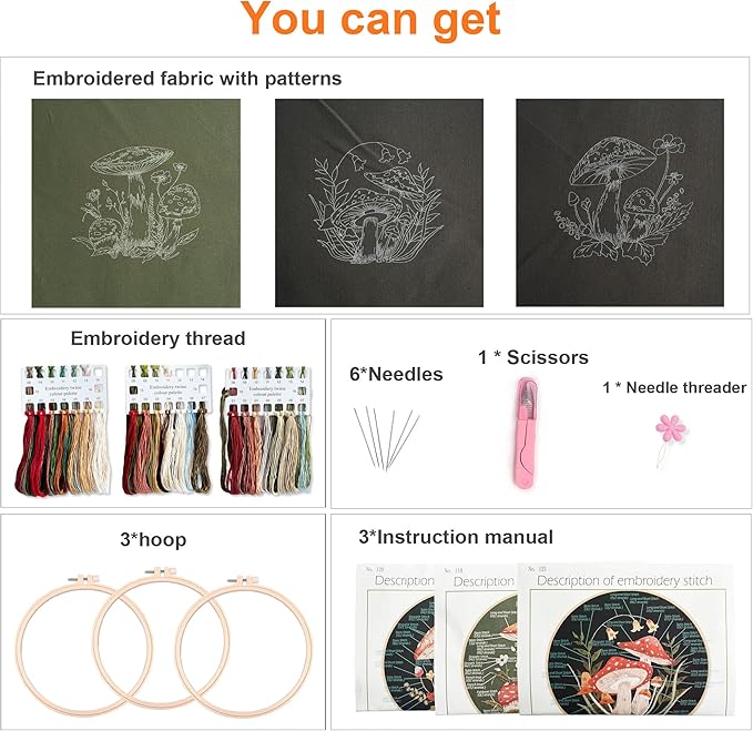 Myfelicity 3 Sets Mushroom Embroidery kit, Adult Beginner DIY Needle kit,Art Craft Handy Sewing Set