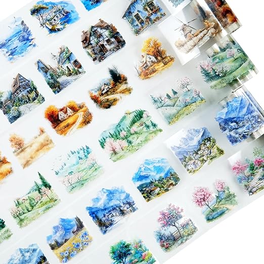 Four Seasons PET Tape Set, 6 Rolls Pre-Cut Scenic Landscape Stickers for Scrapbooking, Journaling, DIY Crafts, and Gift Wrapping