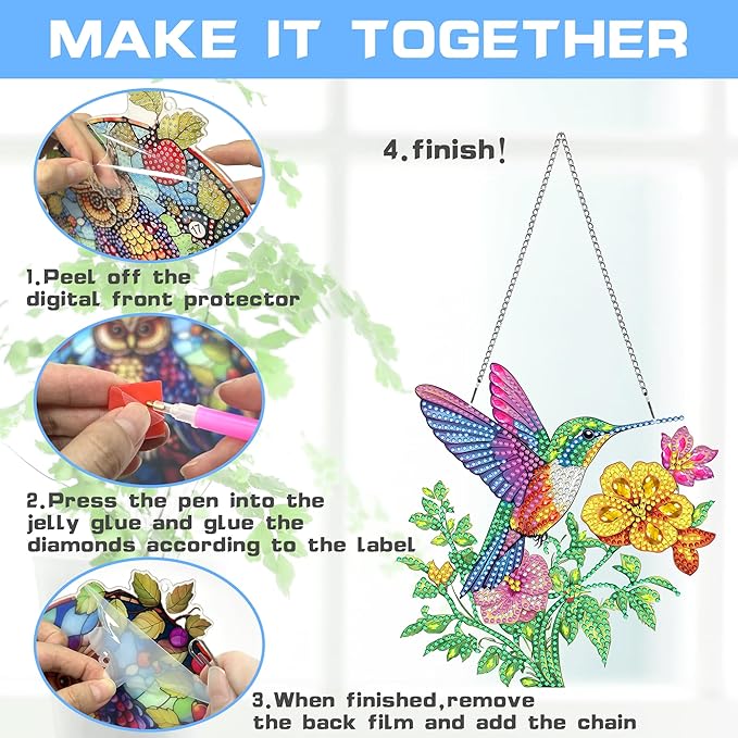 VAIIEYO Hummingbird Diamond Painting Hanging Ornament, Double Side Hanging Kit with Chain,7.5x7.5 inch Crystal Pendant Art Craft for Gift Home Wall Door Decoration 7.5x7.5 inch