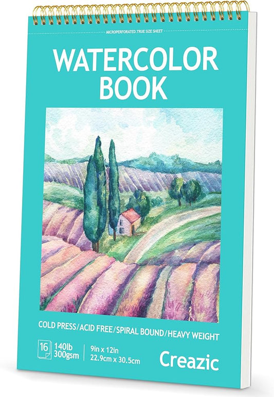 9"x12" Watercolor Paper Pad, Spiral Bound with Tear Line, 16 Sheets (140lb/300g): Art and School Supplies- Water Color Paper for Adults Kids-Watercolors, Watercolor Sketches, and Art Journals