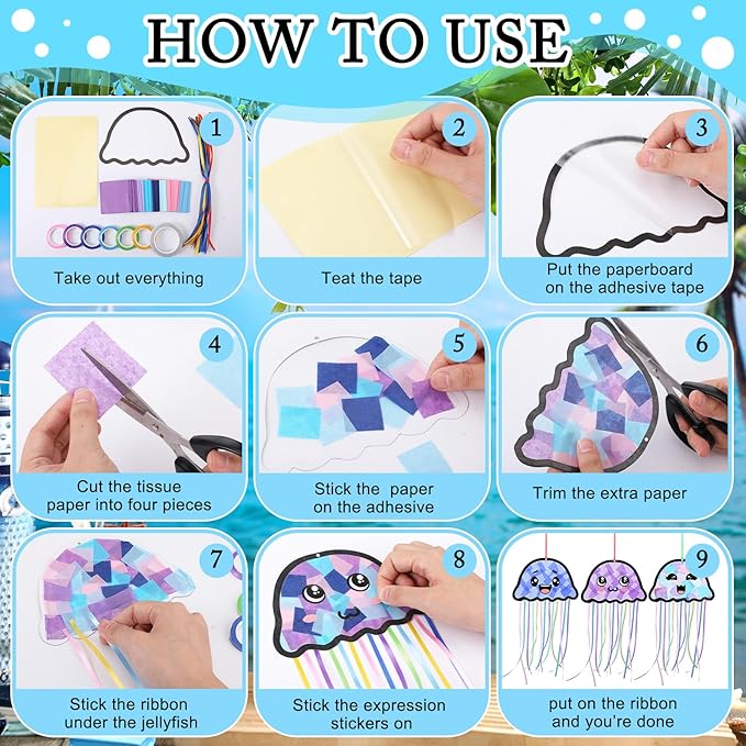 Yaomiao 30 Set Jellyfish Suncatchers Paper Crafts Summer Kit DIY Jellyfish Shaped Stained Glass Effect Tissue Paper Hanging Suncatchers for Ocean Mermaid Under The Sea Birthday Party Favor