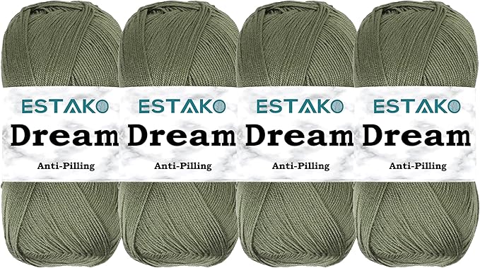 Estako Dream, (4 Skeins Pack) 100% Microfiber Acrylic Yarn, Soft, Super Fino/Fingering Weight (1) for Crochet and Knitting (4 x 3.5 Oz) / (4 x 382 Yrds) (74022 - Olive Green)