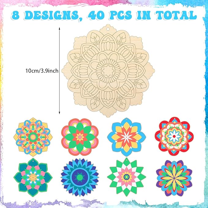 Blosssound 40 Pcs Unfinished Wood Mandala to Paint Wooden Mandala Painting Crafts Diwali Art Slices for Adult to Relax Painting DIY Crafts Ornament Wedding Home Decorations, 4 Inch(Elegant)
