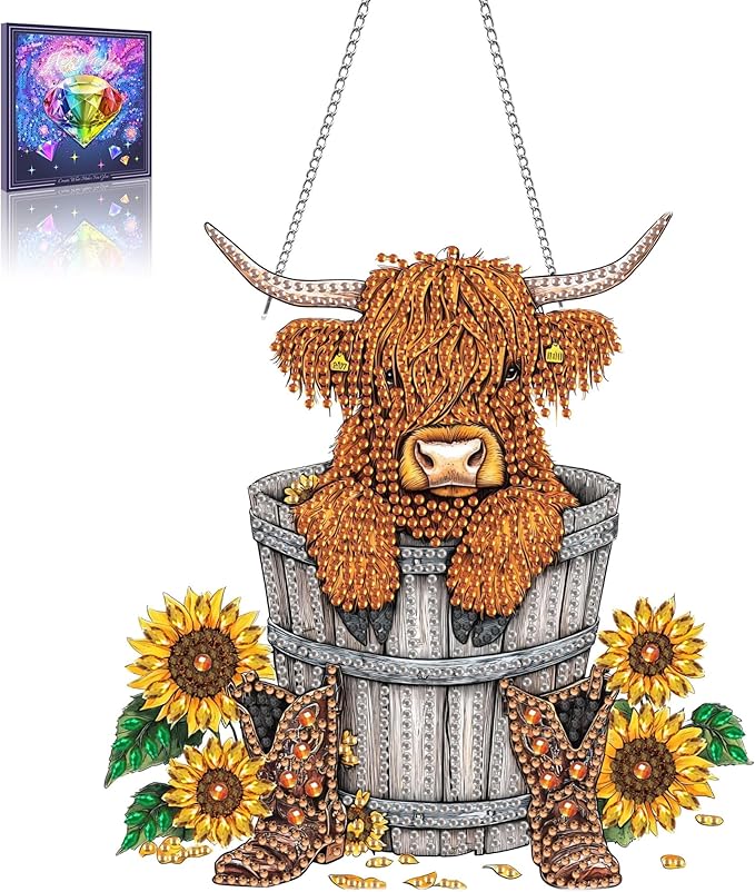 Wergund 5D DIY Cow Diamond Art Hanging Kits, Hanging Diamond Art Sunflower, Acrylic Special Shaped Rhinestone, Window Hanging Pendants for Home Wall Garden Front Door Outdoor Decor Gift(Cow)